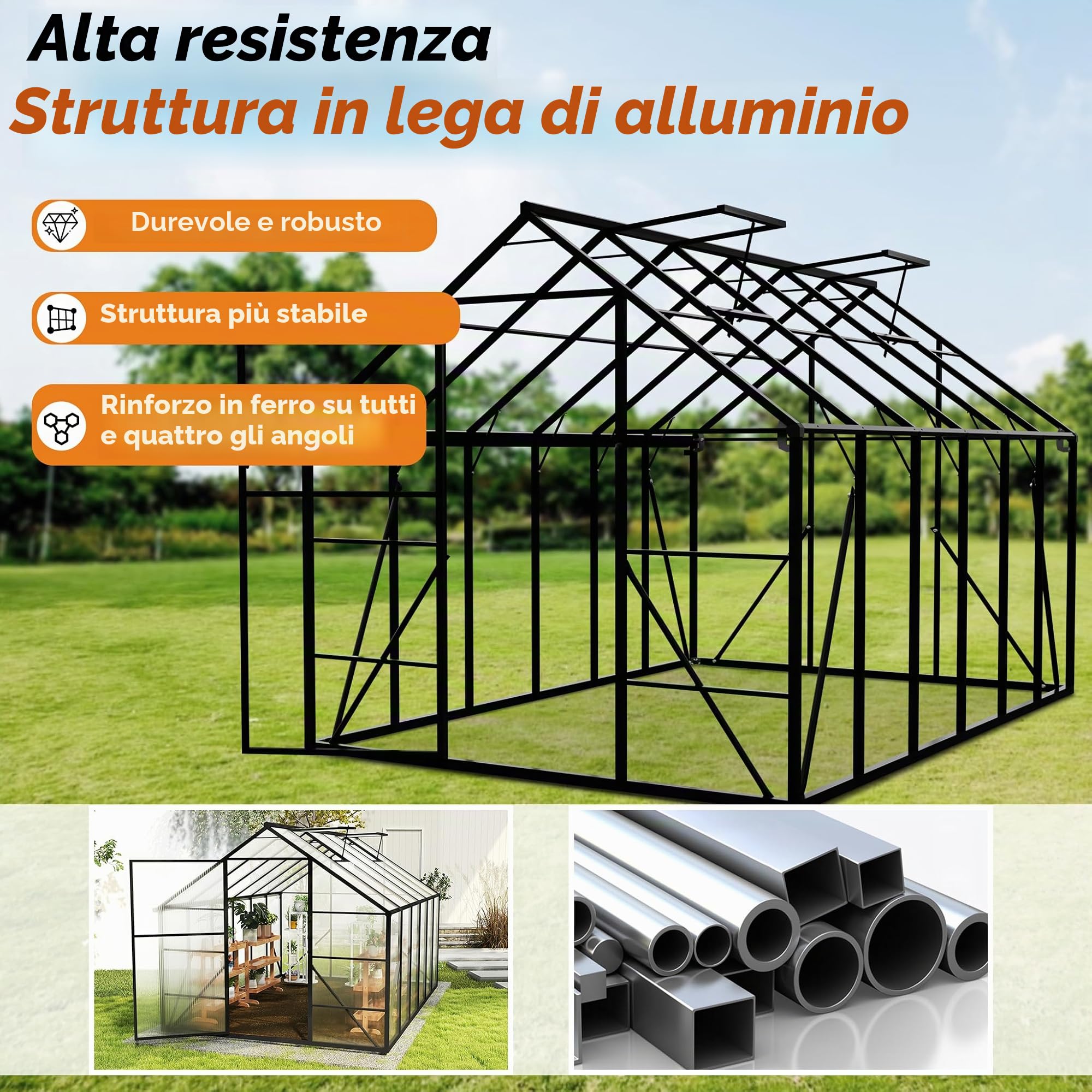 FIVMEN Serra in alluminio Serre da giardino con fondamenta da 6 cm e pannello PC da 4 mm Serra Tomatenhaus Casa da giardino resistente ai raggi UV resistente alle intemperie per il giardino, 380 x 250