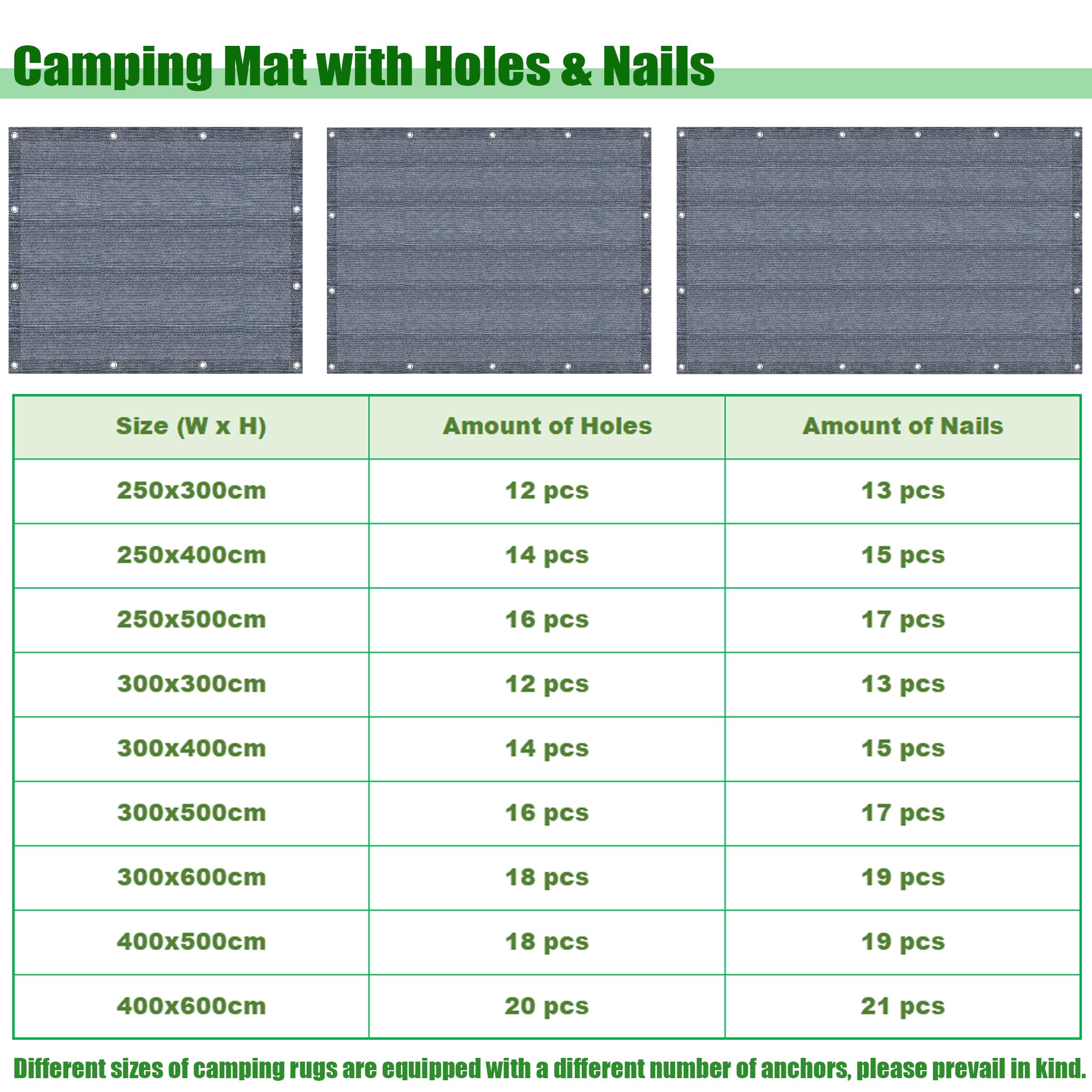 Lonas de Suelos de Tienda de Campaña Alfombra Plegable para Camping de 240g/m² HDPE Transpirable Suelo Exterior con Clavos, Agujeros y Bolsa de Transporte para Camping, Pícnic, Playa