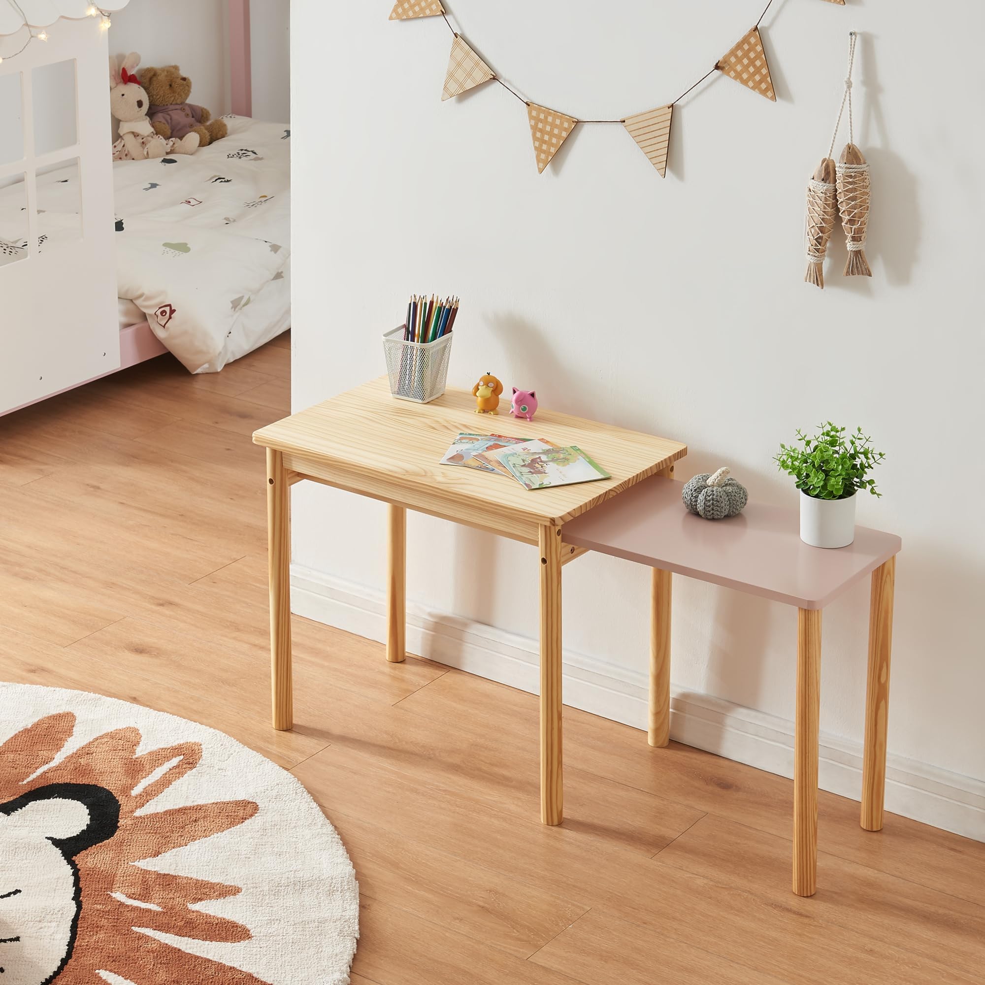 [en.casa] Tavolo per Bambini con Piano Estraibile Scrivania con Piano Aggiuntivo e Gambe di Supporto Tavolo per Cameretta Arredo a Misura di Bimbi - Legno Naturale/Rosa