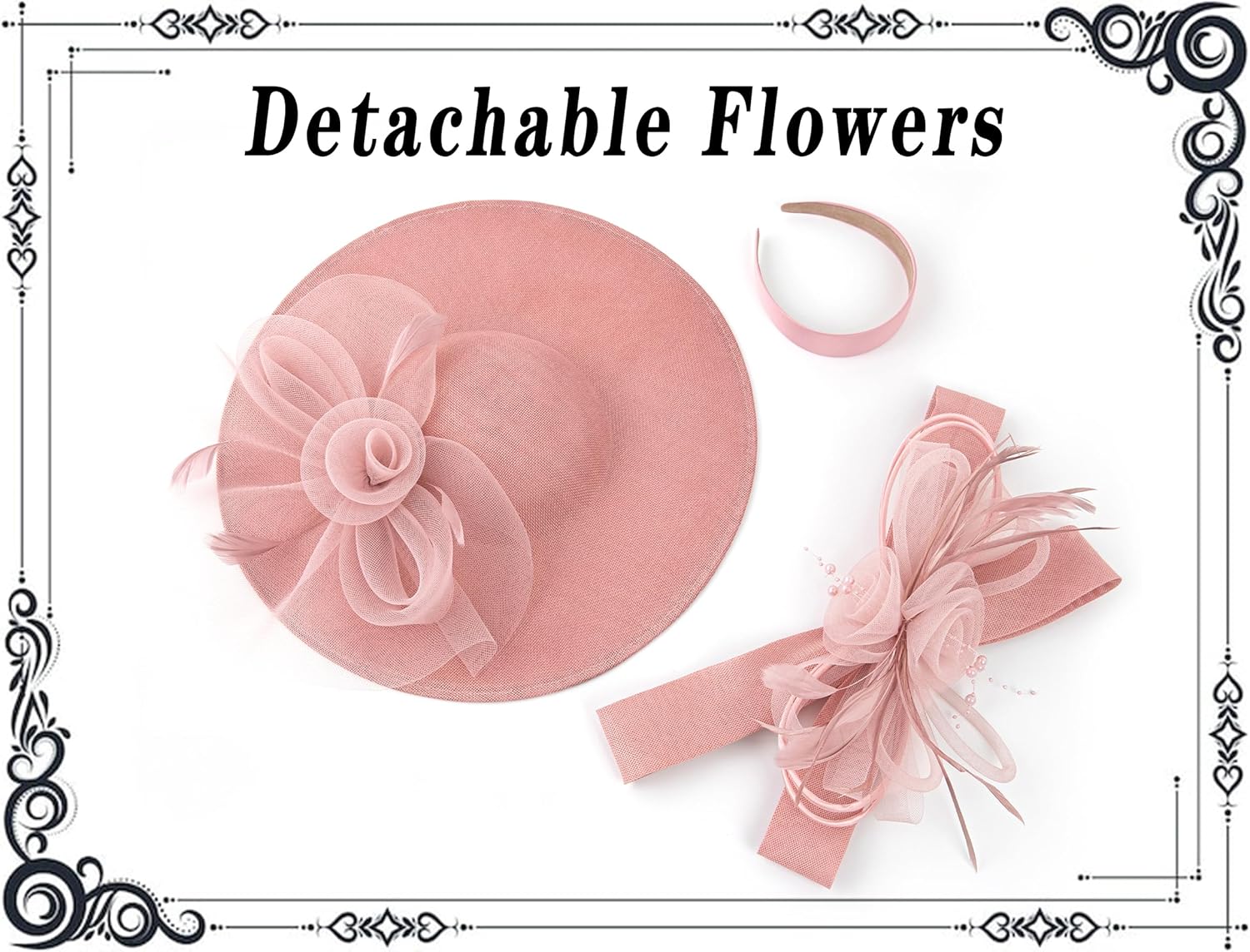 dressfan Wide Brim Fascinator Derby Hats for Women,20s Detachable Flower Hat with Headband for Derby Church Wedding Tea Party