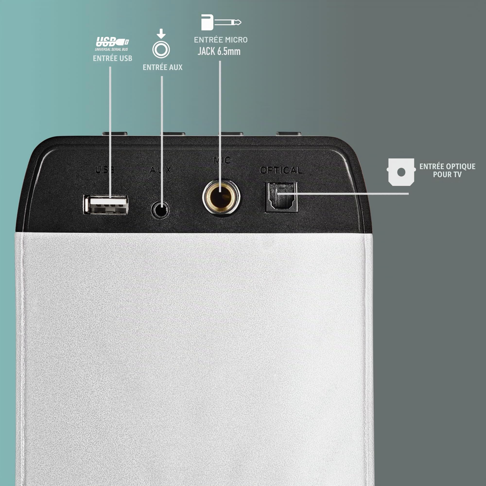 NGS Sky Charm Pro White - Tour de Son 50 W avec Bluetooth 5.4, Entrée Optique, USB, Entrée auxiliaire, Radio FM, Fonction de Diffusion, Entrée Microphone Karaoké, Télécommande, Blanche