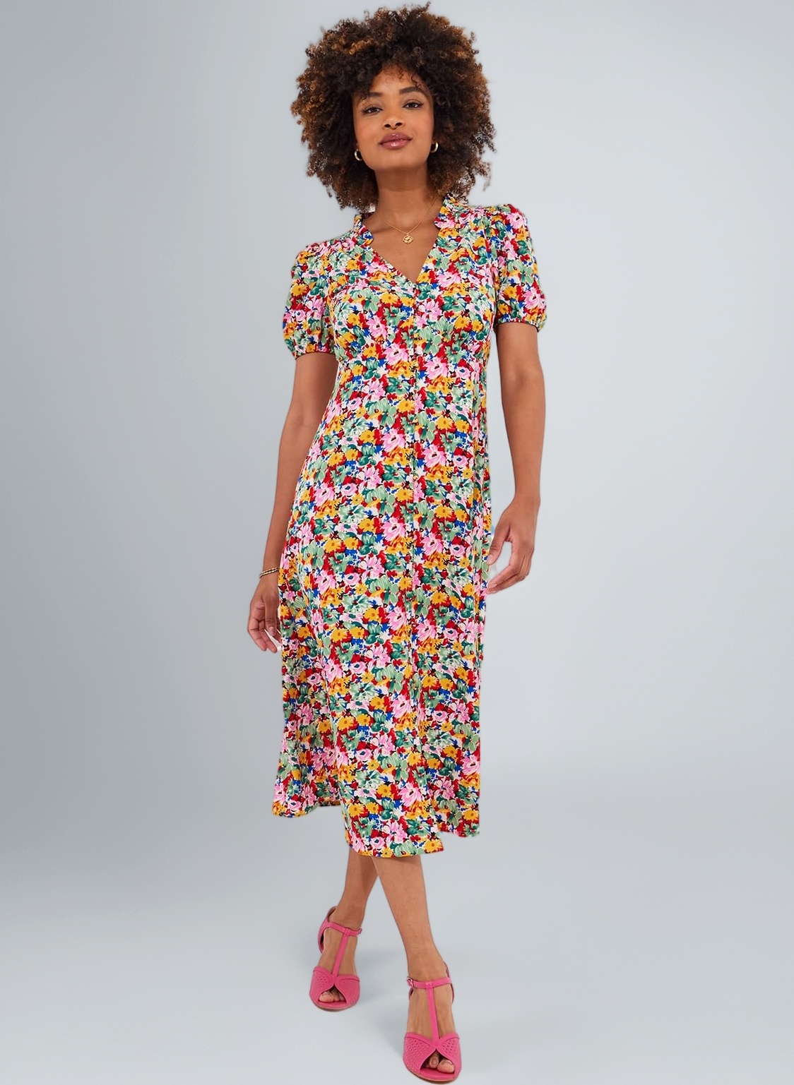 Joe Browns Women's Frilly Floral Shirred-Back Midi Dress, Regular