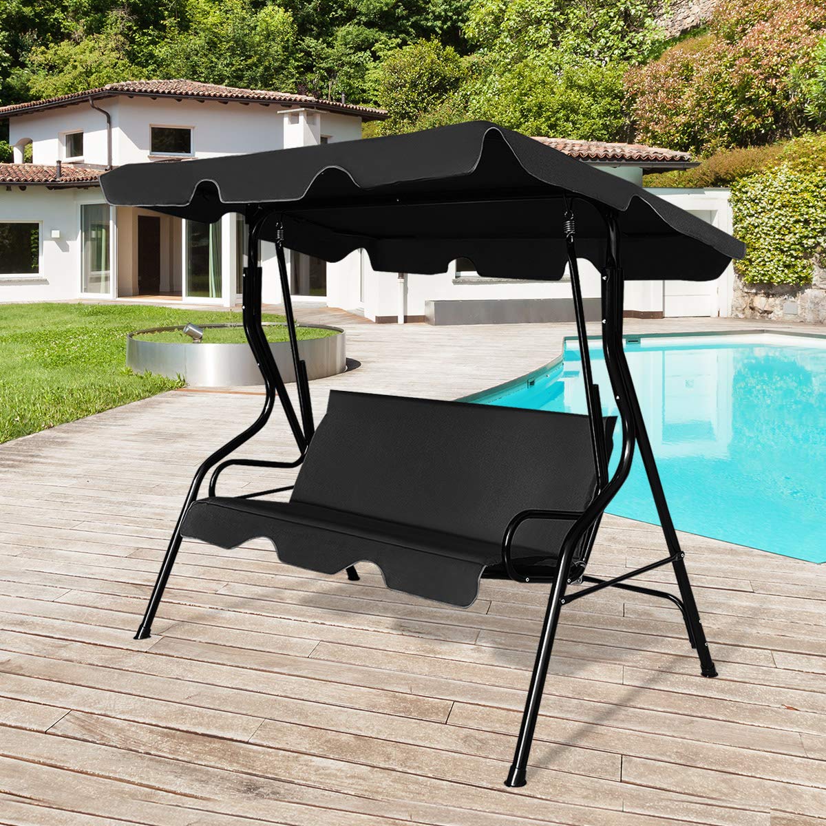 GYMAX Dondolo a 3 Posti in Acciaio, Dondolo da Esterno con Tettuccio Inclinabile e Resistente al Sole, Ideale per Giardino, Cortile e Terrazzo, 172 x 110 x 154 cm, con Portata di 240 kg (nero)