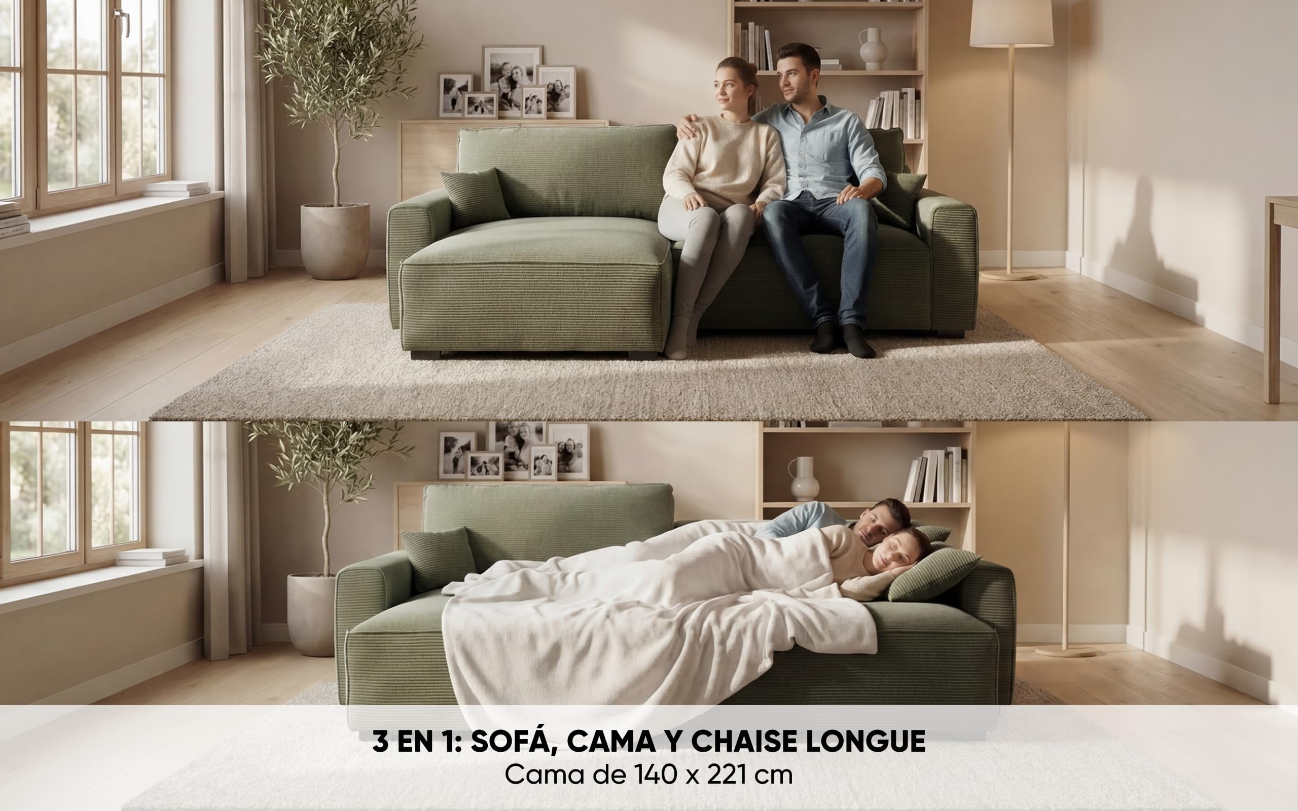 BUDWING Lauren Sofá Cama 3 Plazas – Chaise Longue Reversible con Almacenaje – Estilo Moderno, Tejido Resistente de 380 g/m² – 269x158x96 cm – Verde Bosque