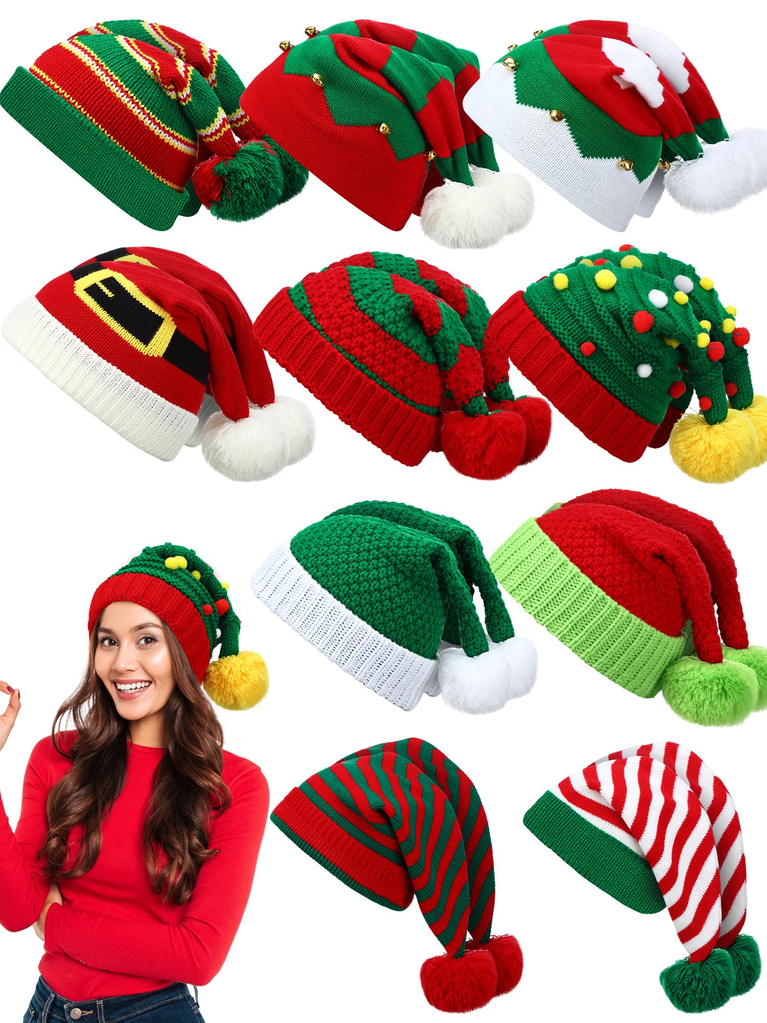 Ramede 20 gorros de punto de Navidad a granel para invierno, gorro de Papá Noel con pompón, unisex, gorro de ganchillo de punto de Navidad para adultos