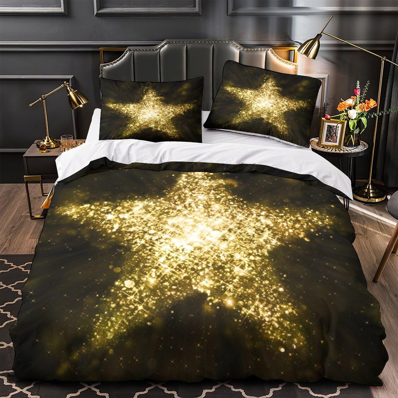 GDEKCIEAS Blinking Gold Glitter Star Girls Bedding Set,3Pcs Ultra Soft Duvet Cover,Breathable Microfiber Quilt Cover for Teens,Boys,Kids,Adults,Home Decor,Easy Care,Zipper King（220x240cm）