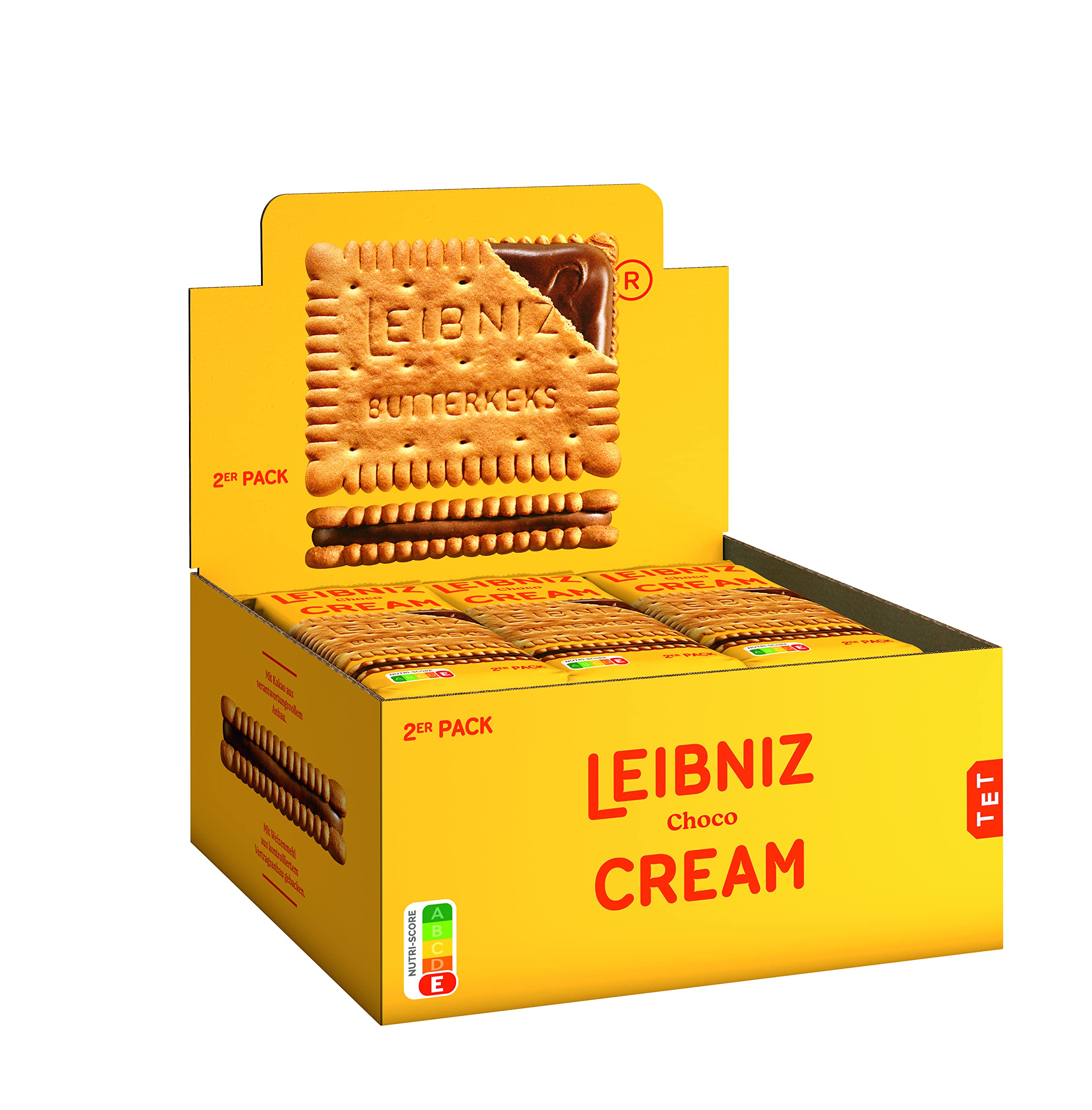 LEIBNIZ Cream Choco, Thekenaufsteller, 2 knusprige Butterkekse mit zarter Schokoladencreme, praktischer 2er Pack-Aufsteller (18 x 38 g)