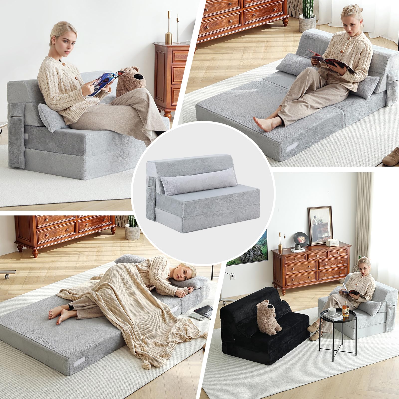 Sofá cama plegable con almohada, colchón de tamaño individual y tela de felpa con bolsa de almacenamiento portátil, tumbona de suelo, cama para sala de estar, habitación de invitados, 8