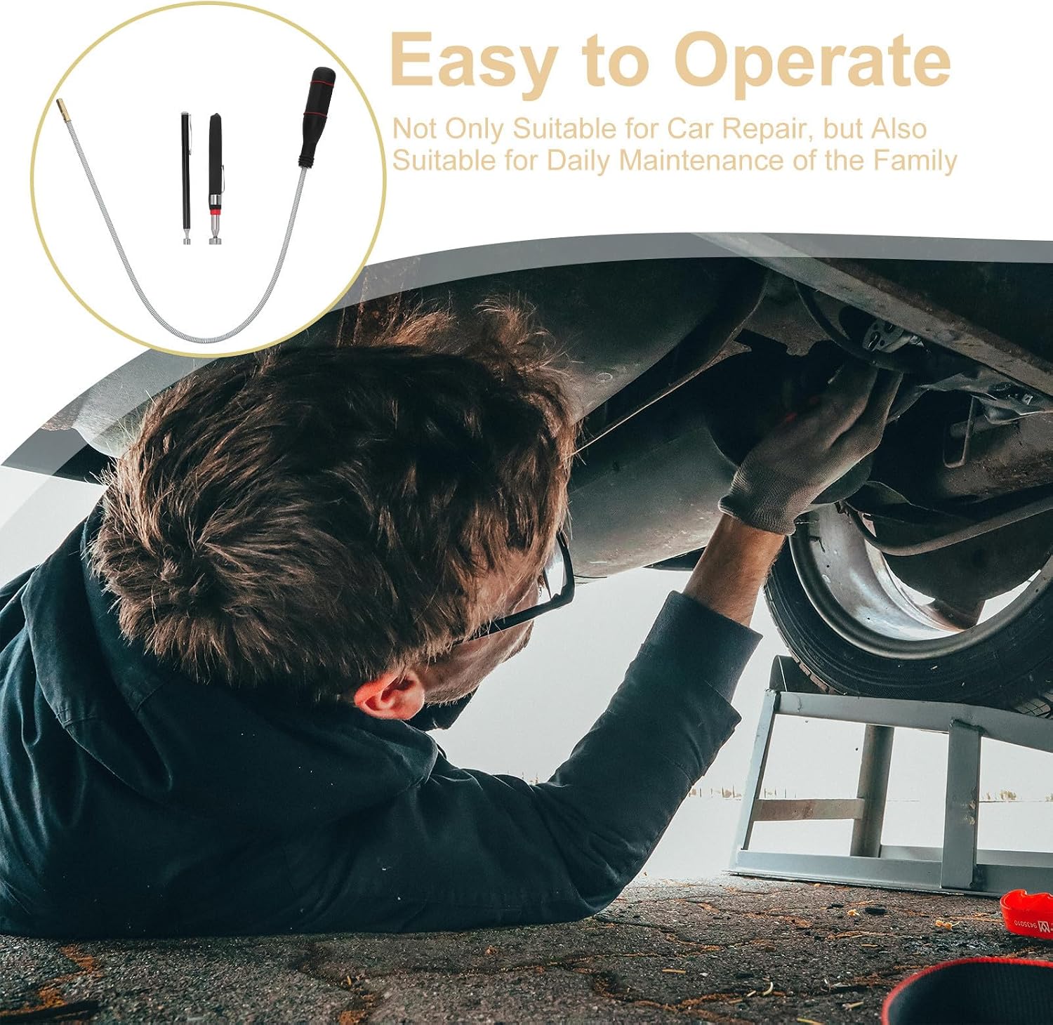 Pickup Telescoping LED Car Flashlight for Tool with Garage Use | Black Metal Build, Extendable Wand Design, Precise Item Retrieval for Mechanics and Everyday Users, Outdoor Inspections