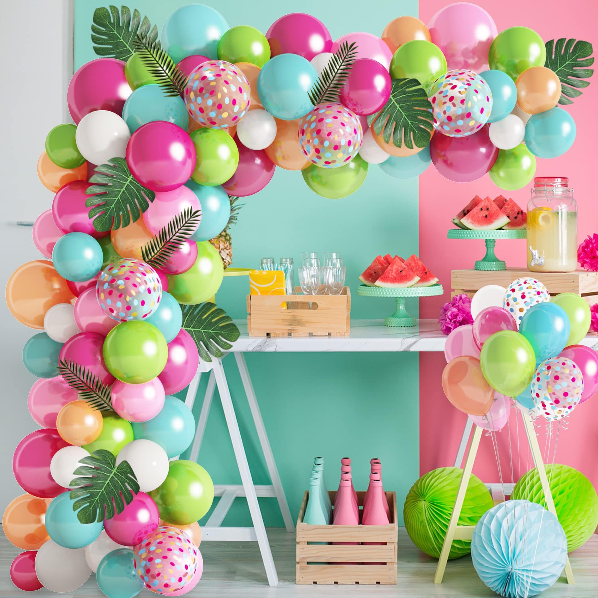 140 Pcs Hawaiian Tropical Balloon Arch Garland Kit, Hot Pink Green Balloon Party Decoration Set, Confetti Latex Balloon Flamingo Palm Leaves for Birthday Summer Beach Wedding Decoration