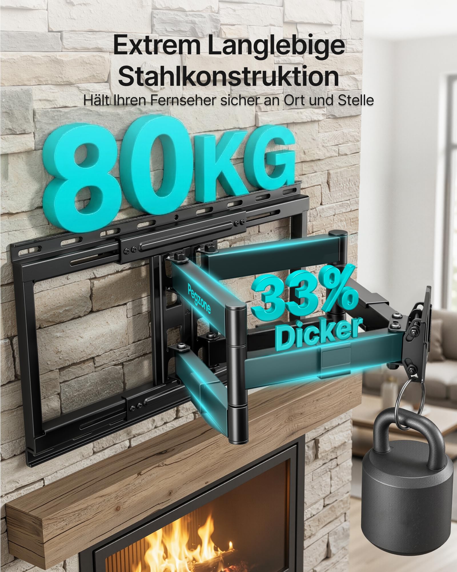 PEGZONE Doppelarm TV Wandhalterung bis 80 kg für 37–90 Zoll Fernseher | Wandhalterung Fernseher Schwenkbar & Neigbar, max. VESA 600x400 mm, Wandabstand 120–645 mm, Kabelmanagement