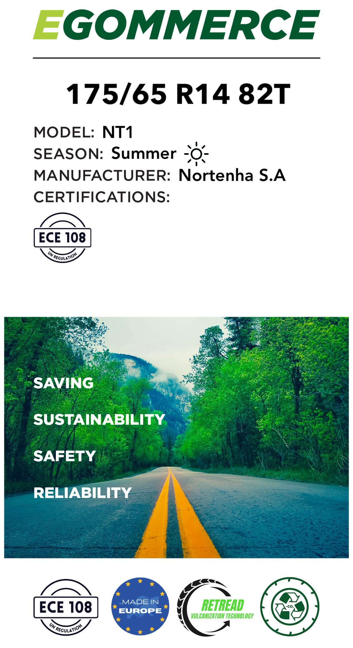 Nortenha - Pneu para Carro NT1 175/65 R14 82H Certificado - Marcas de Pneus para Carros - Pneu de Verão Eco-friendly para a Temporada de Verão, com Garantia de 2 Anos.