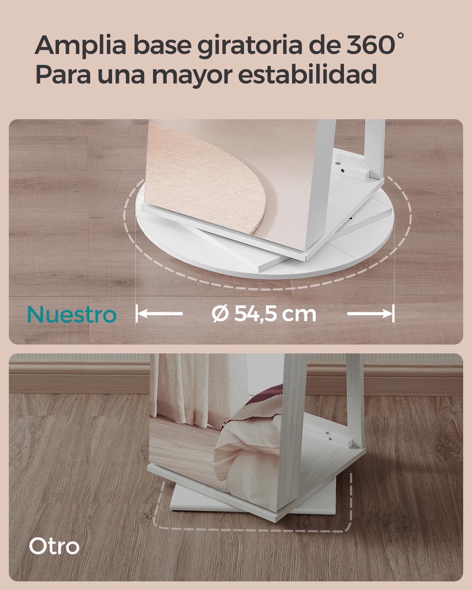 SONGMICS Espejo Joyero con 6 LEDs, Armario de Joyas de Giro de 360°, Organizador de Joyería Giratorio, sin Marco, Espejo Completo, 3 Estantes, Superficie Blanco, Forro Greige JJC007W02