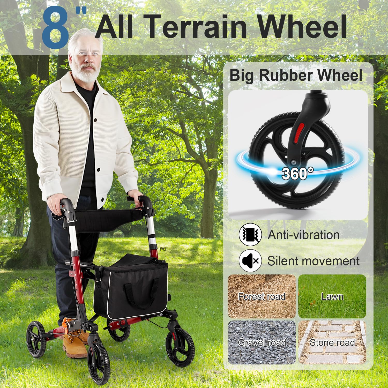 WalkMax Rollator Walker for Seniors, Lightweight Foldable All Terrain Rolling Walker with seat, Aluminum Walkers with 8 inch Solid Wheels, Handles and Backrest for Seniors and Adult (Red)