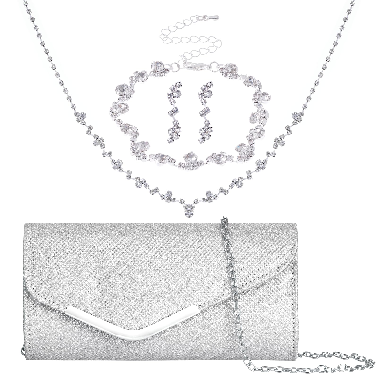 Photo 1 of [IDRTY] Rbenxia 4 Pieces Silver Jewelry Set Women Evening Rhinestone Jewelry Set Bling Glitter Silver Clutch Purse Necklace Earrings Bracelets for Women Bride Wedding Evening Party