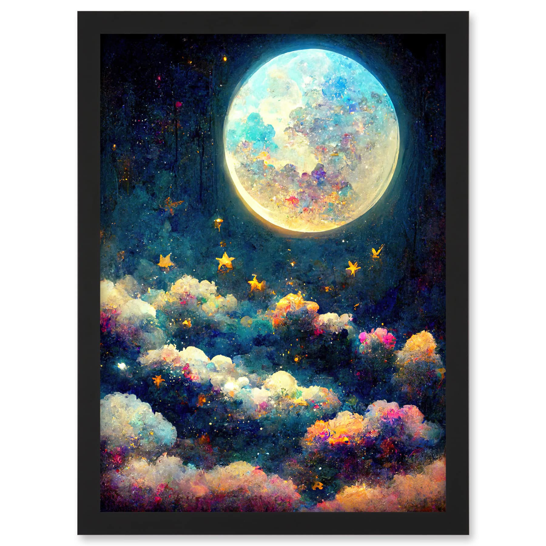 Doppelganger33 LTD Dreamy Night Sky Moon Stars Colourful Clouds Kids Cute Artwork Framed A3 Wall Art Print
