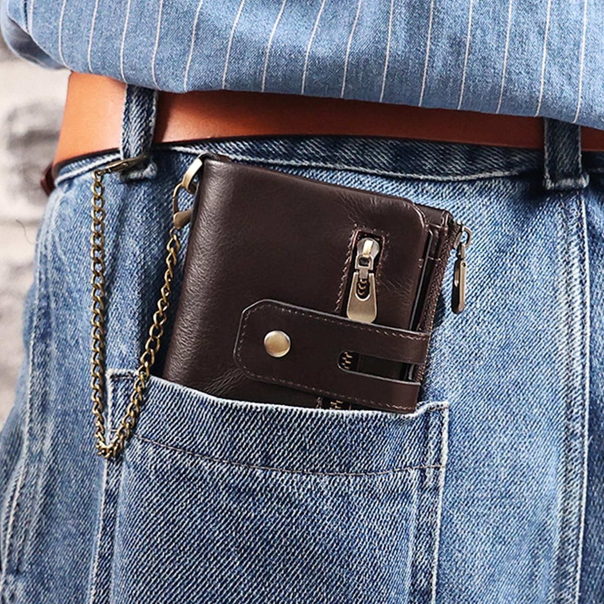 Mens Wallet with Chain PU Faux Leather Bifold Wallet for Men Double Zipper Coin Pocket Purse Double Anti-Theft-Mens Gift - Image 6