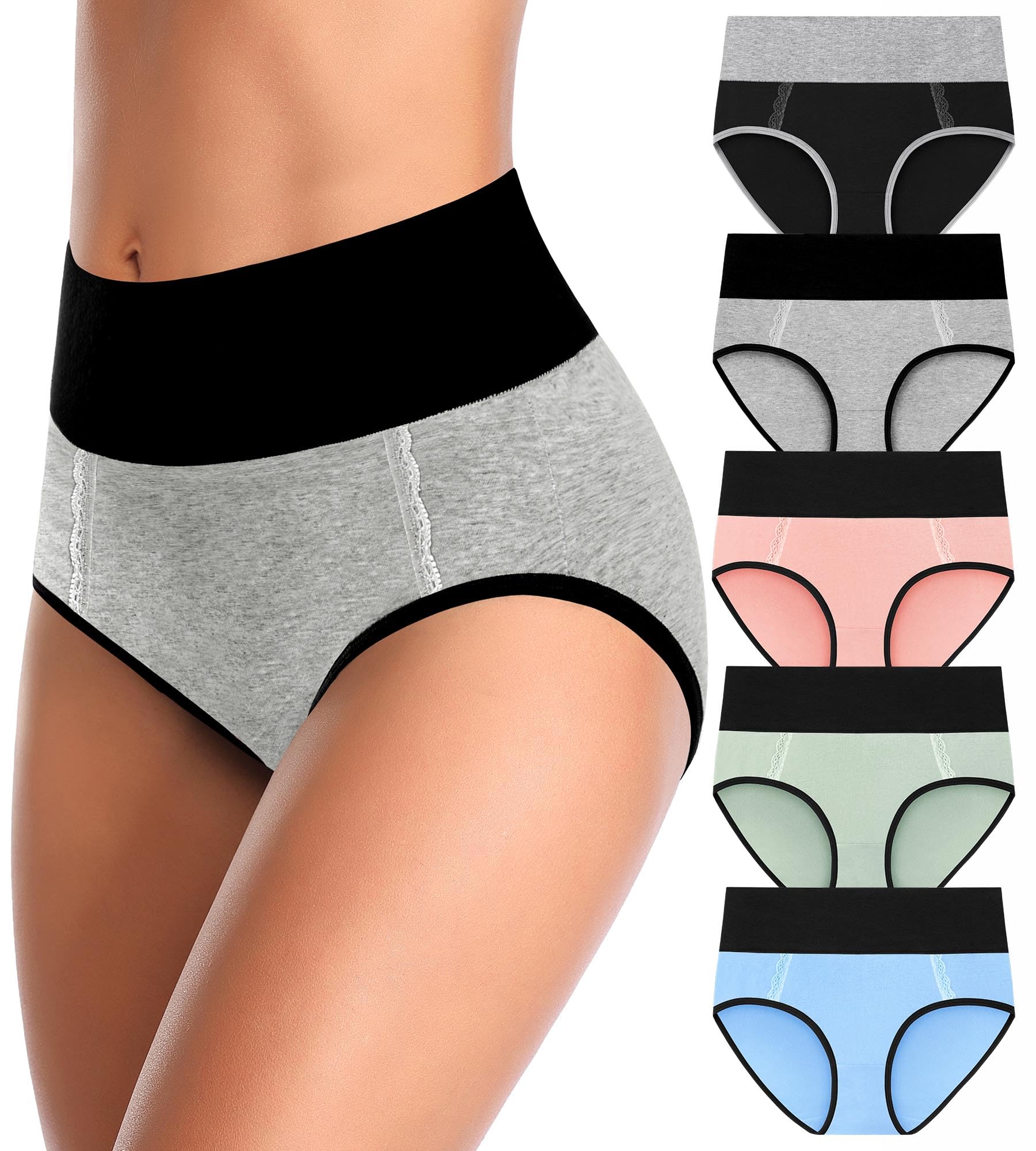 Women's High Waisted Cotton Underwear Soft Breathable Full Coverage Stretch Briefs Ladies Panties 5-Pack
