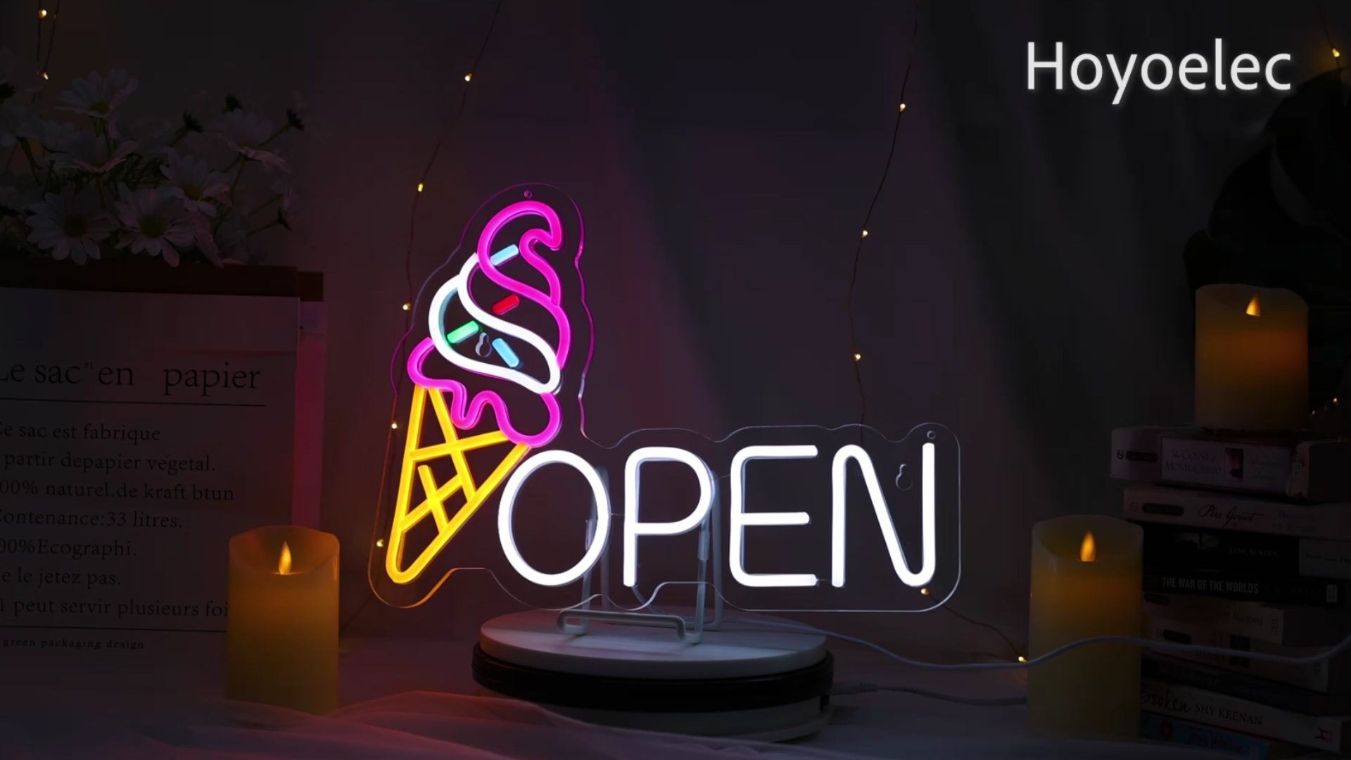 Ice Cream Open Neon Sign for Wall Décor Dimmable Business Store
