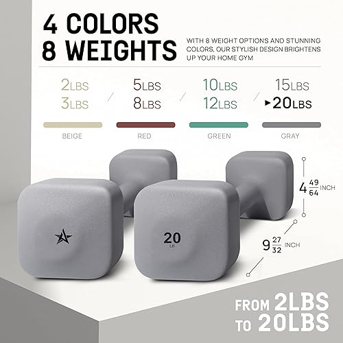 Miniatura 2 de Yes4All Juego de 2 mancuernas cuadradas de neopreno para mujeres/hombres, juego de 2, 2 libras a 20 libras con 4 colores, antirollo, mancuernas