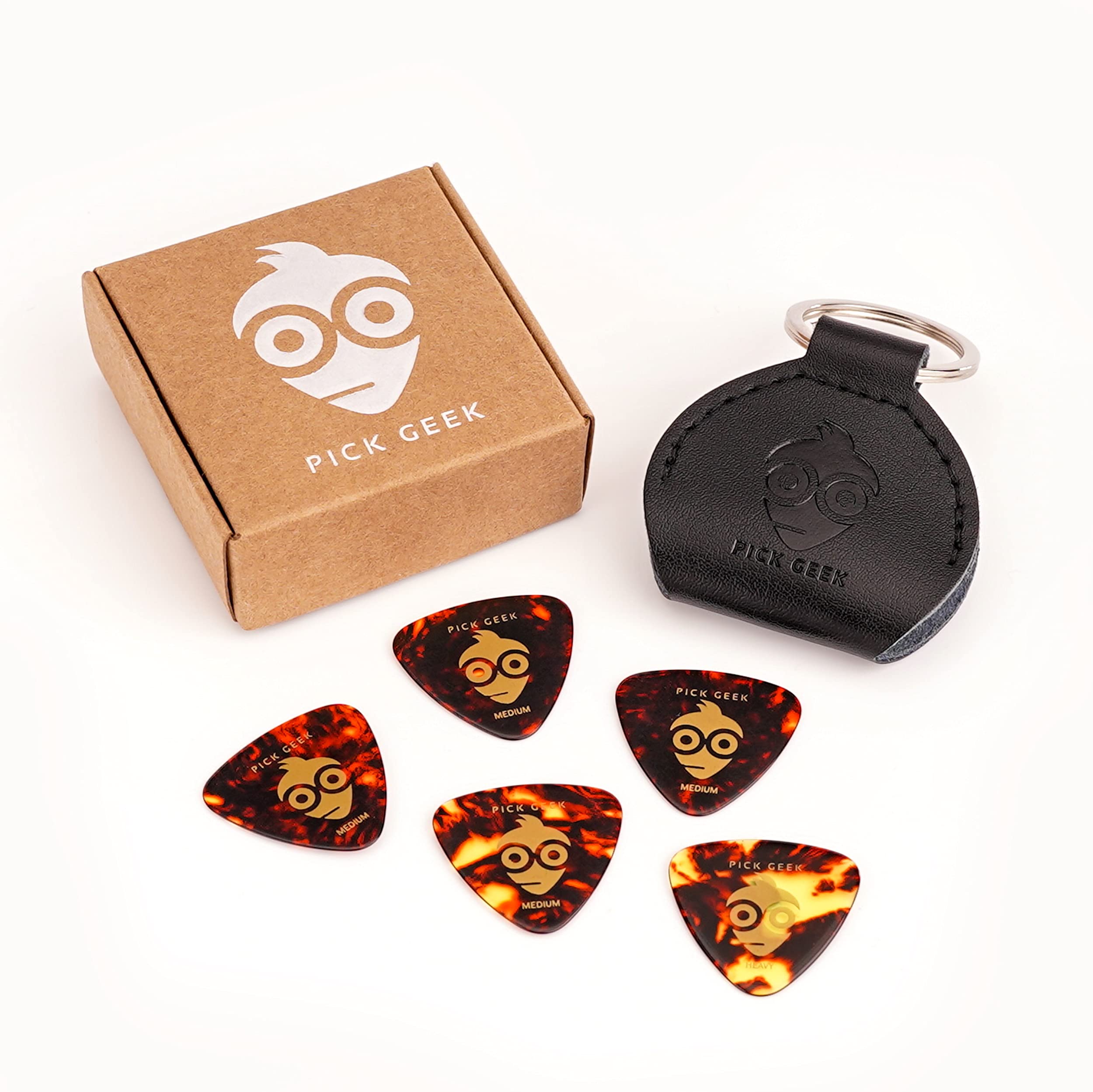 – Pick Geek Leather Pick Holder Keyring | 100% Handmade Real Leather | Black | Includes 5 FREE Pick Geek Celluloid Triangle Picks | Shipped in a Kraft Gift Box