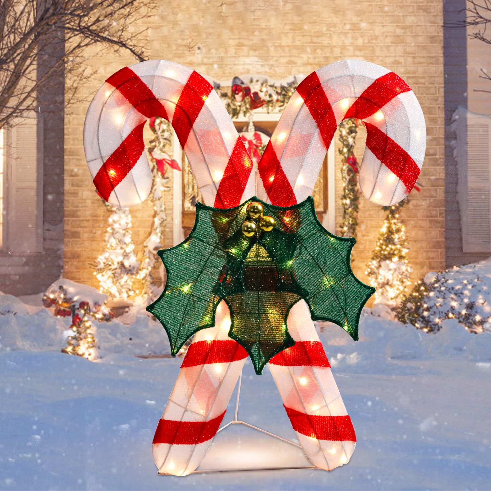 Vipush Decoración navideña iluminada para exteriores, caramelo de bastón preiluminado de 3 pies para césped 3D con luces cálidas, exhibiciones navideñas iluminadas al aire libre para decoración de