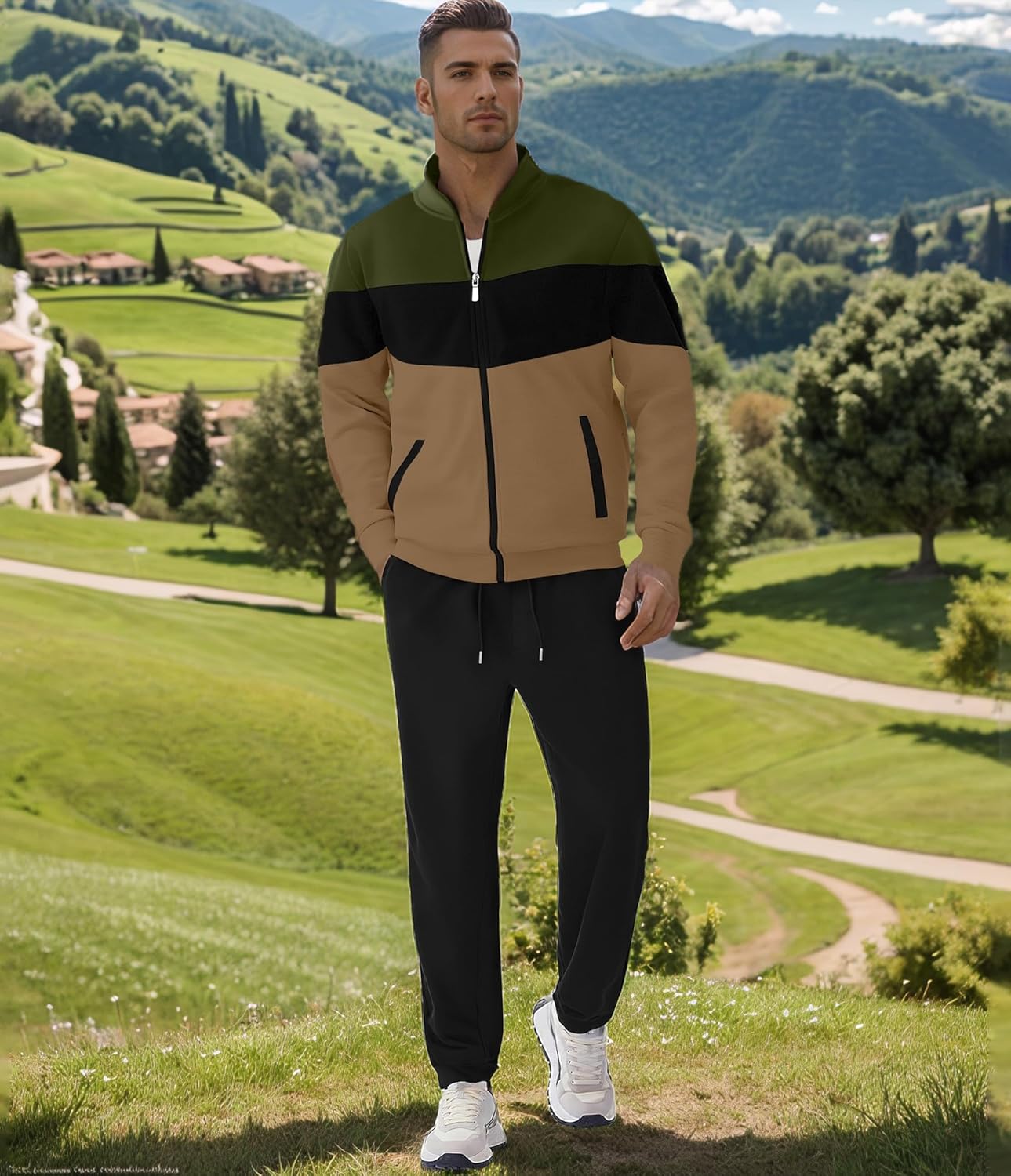 UOUA Men's Tracksuits Set Full Zip Jacket & Sweatpants 2 Piece Athletic Jogging Suits Casual Sports Color Block Outfit - Image 4