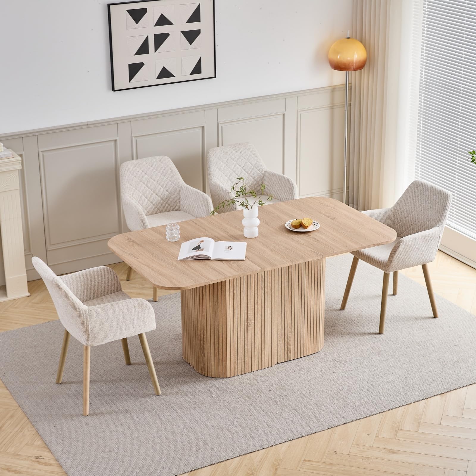 GrandCA HOME Juego de 4 Sillas de Comedor con Brazos, Silla de Lino con Patas de Madera, Asiento Tapizado de Estilo Moderno, Beige