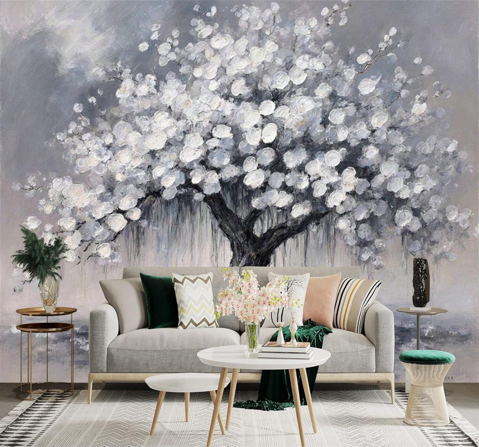 XLMING Abstract Grey Hand Drawn White Flowers Trees 3D Wallpaper Silky Texture Home Study Office Grey Dining Room Sofa Bedroom Living Room TV Backdrop-200cm×140cm