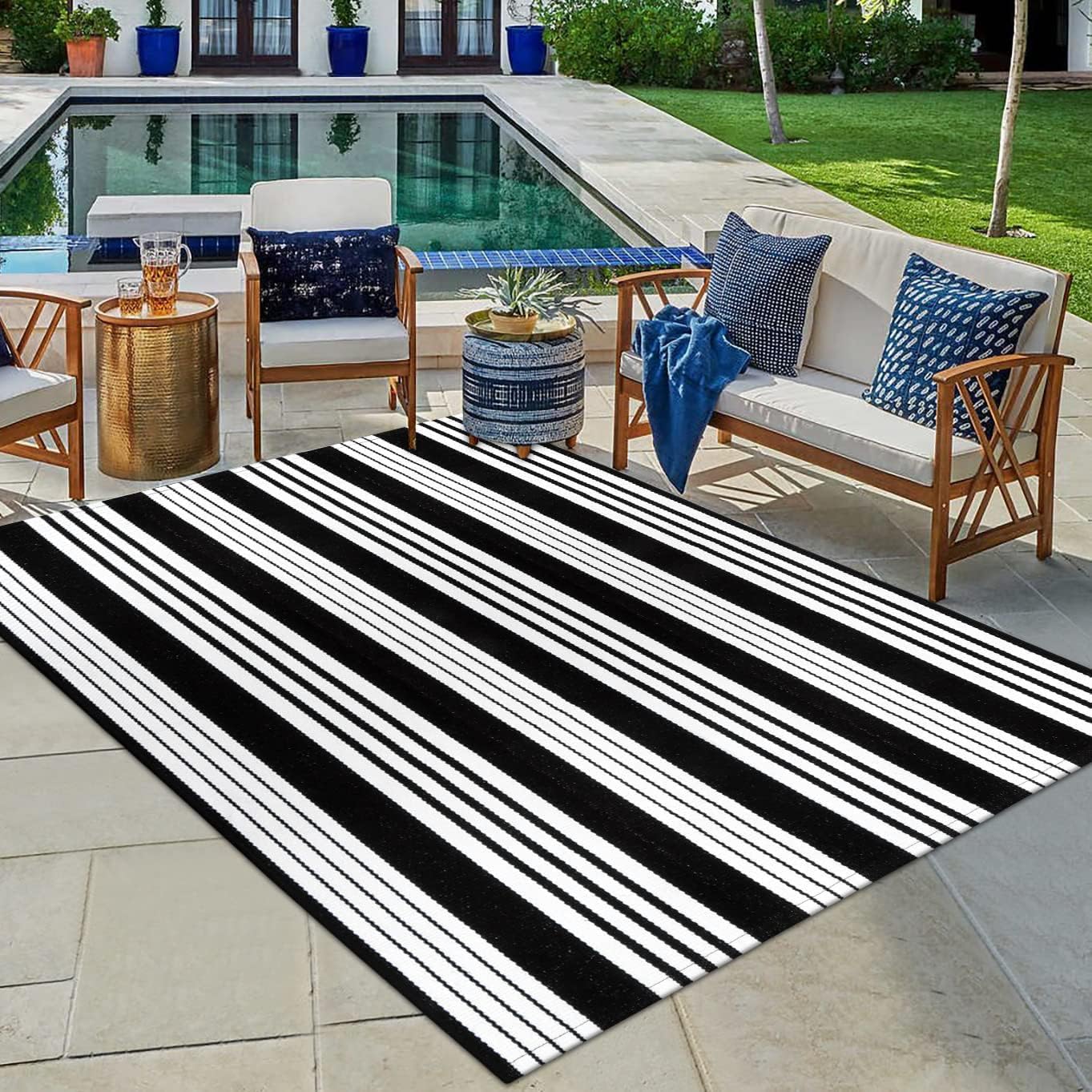OJIA Black and White Outdoor Rug 4x6 ft Cotton Woven Patio Rug Machine Washable Front Door Mat Indoor/Outdoor Area Rugs Floor Mat for Farmhouse/Front