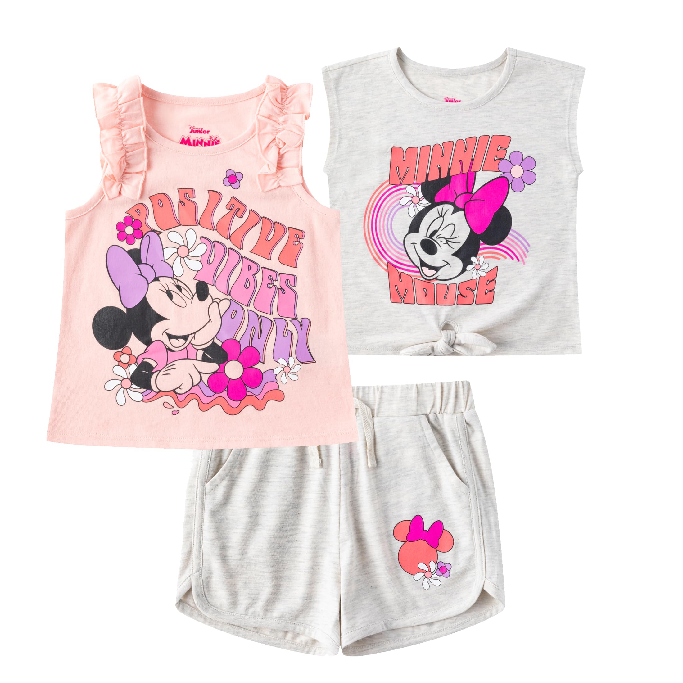Disney Minnie Mouse - Conjunto de camiseta de manga corta y pantalones cortos de 3 piezas para niños pequeños y grandes
