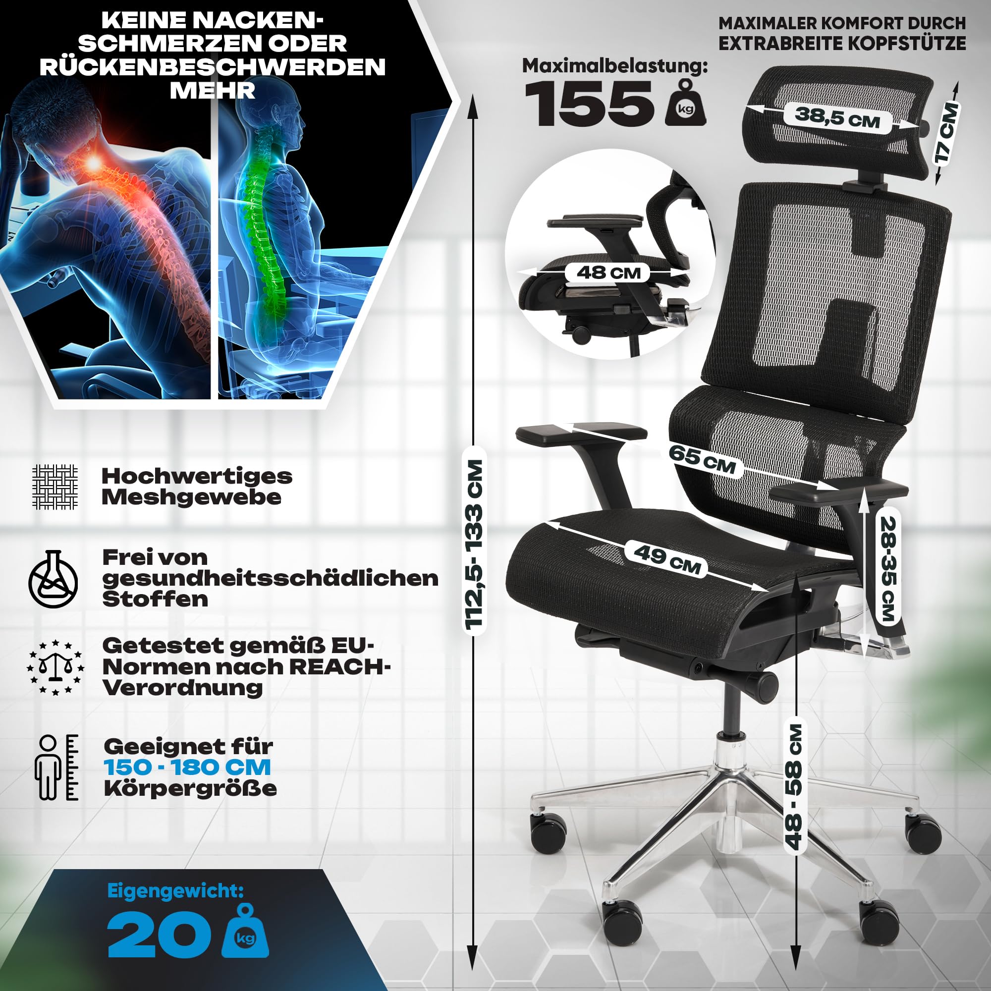 VALKENSTOL M7 Premium Bürostuhl Ergonomisch mit adaptiver Lordosenstütze | Rückenfreundliche Adaptive Lordosenstütze - Kippbare Sitzfläche für Gesundes Sitzen - Home Office Chair - Aluminiumrahmen