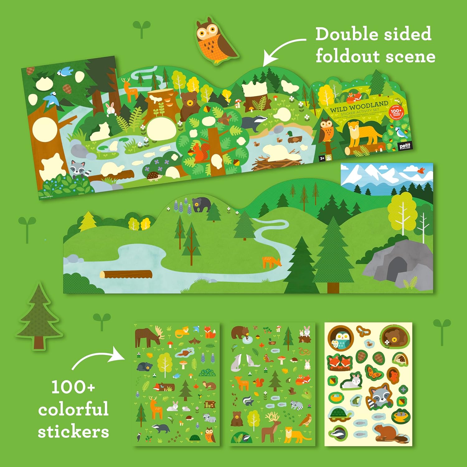 Petit Collage: Sticker Activity Set: Wild Woodland – 4‑Panel Fold‑Out Forest Scene with 100+ Reusable Stickers – Educational Fine Motor Skill Toy for Kids 3+ – FSC & Plastic‑Free Craft Kit Gift image 2