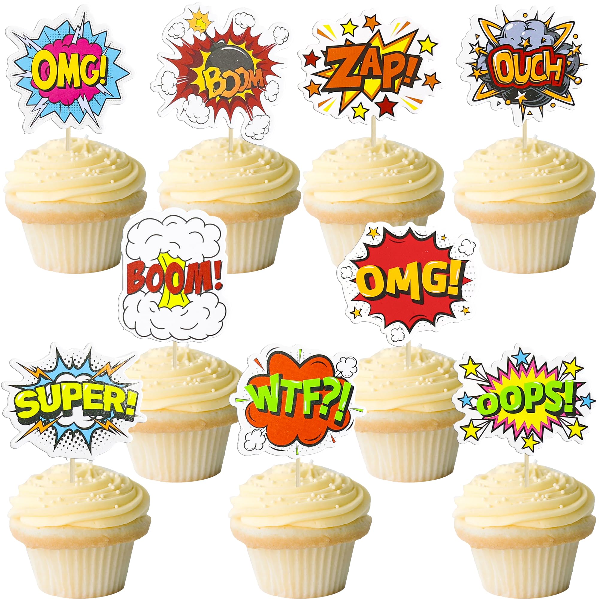 Gyufise 36Pcs Super Hero Boom Cupcake Toppers Smash Crash Pow Cupcake Picks for Celebrating Hero Theme Baby Shower Kids Birthday Party Cake Decorations Supplies