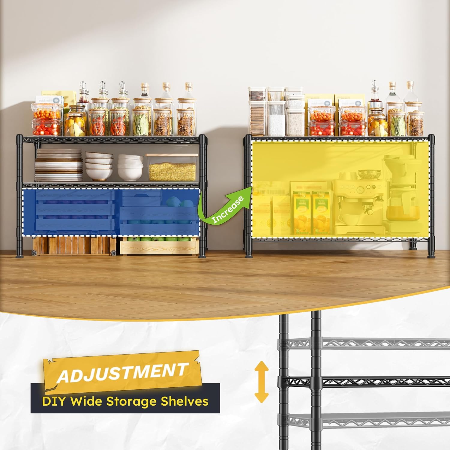2-Tier Wire Shelving with Wheels,Storage Shelves with Gaskets,Height Adjustable Metal Shelving Unit Shelf Organizer for Living Room,Garage,Kitchen,Office,Laundry,Pantry,18"D x 36"W x 25"H,Black