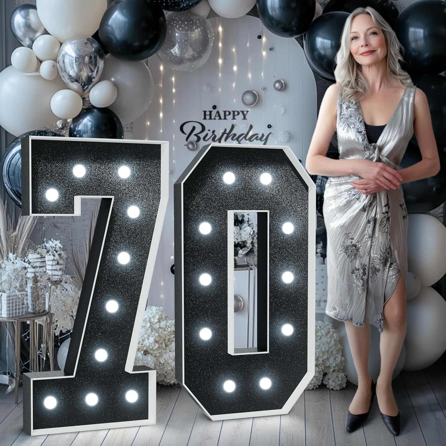 Black Marquee Numbers 4 Feet Tall: Large 70th Birthday Decorations for Her Him 4FT Light Up Numbers White Anniversary Party Decor Big Backdrop Foam Cardboard Number 70