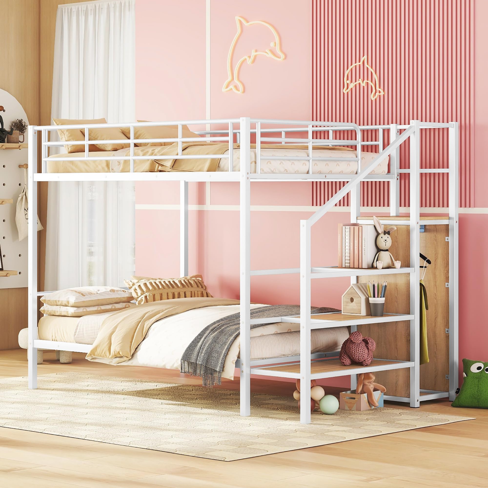 Bellemave Full Over Full Bunk Bed?Bunk Bed with Storage Stairs and Wardrobe, Bunk Bed for Adults/Kids/Teens, Bunk Bed for School, Bedroom, White