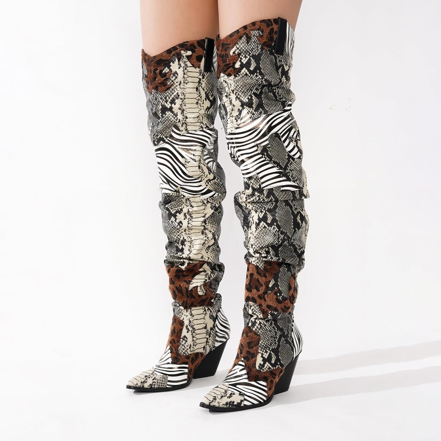 Cape Robbin Women's Thigh High Cowboy Boots with Chunky Heel - Faux Snakeskin Western Booties | Slip Resistant Block Heels for Fall Winter (Hilda) - Image 4