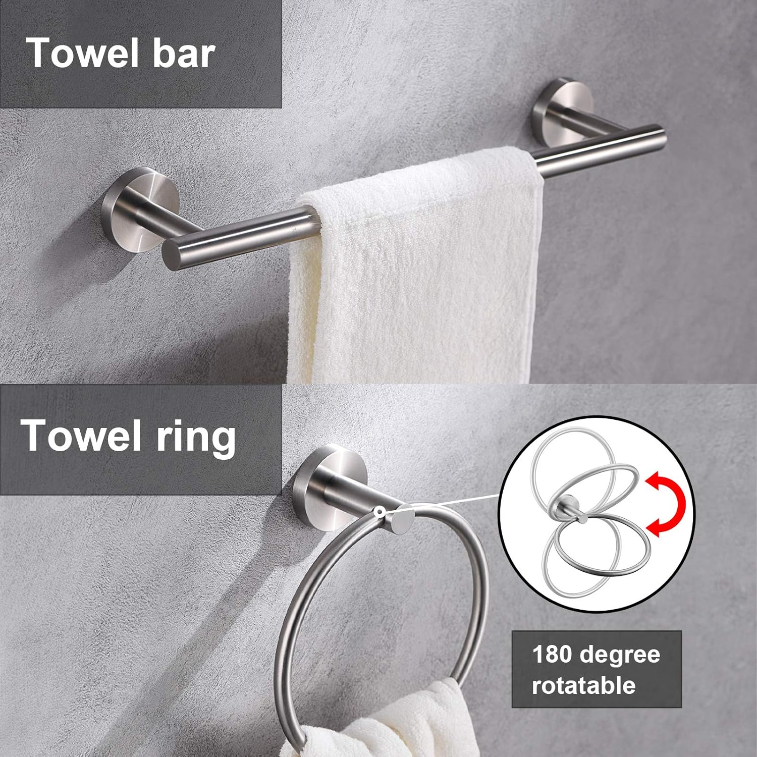 6 Pieces Brushed Nickel Bathroom Hardware Accessories Set Hand Towel Ring 18&23.6 inch Round Towel Bar Silver Toilet Paper Holder Towel Hooks 2 Pieces SUS 304 Stainless Steel,Heavy Duty,Wall Mounted: Kitchen & Dining