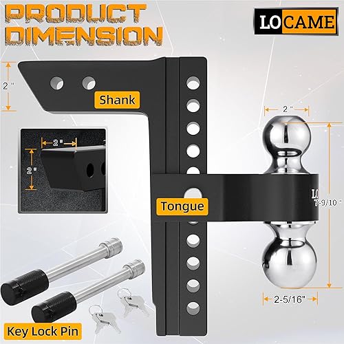 Miniatura 8 de LOCAME Enganche de remolque ajustable, solo se adapta a receptor de 2 pulgadas, enganche de caída de aluminio de 10 pulgadas, enganche de remolque