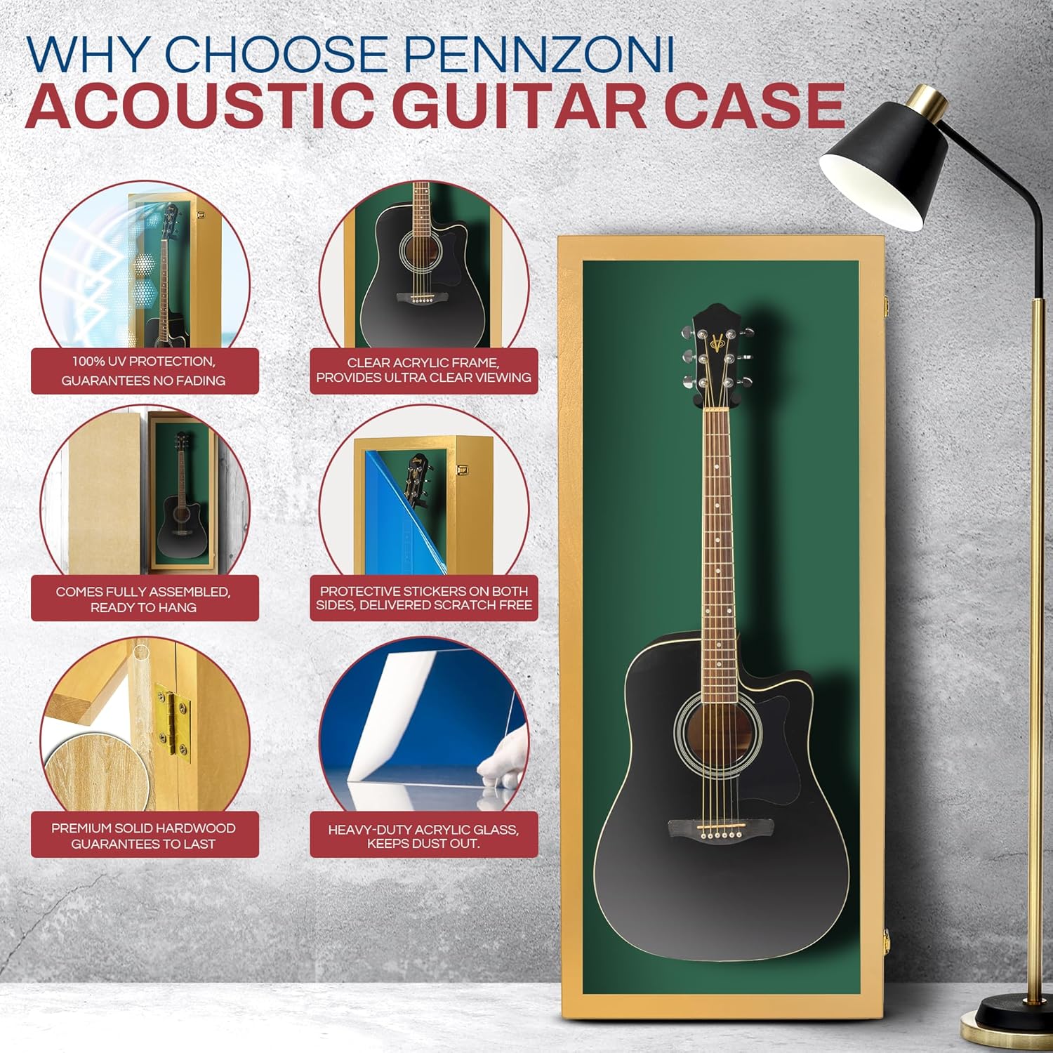 PENNZONI Acoustic Guitar Display Case - Acrylic Acoustic Guitar Case - Guitar Display Case Wall Mount Made from Hardwood Frame & Clear Acrylic - Golden Oak w/Felt Green