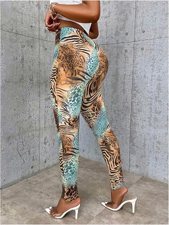 WDIRARA Women's Tiger Leopard Print Leggings Elastic High Rise Yoga Skinny Pants