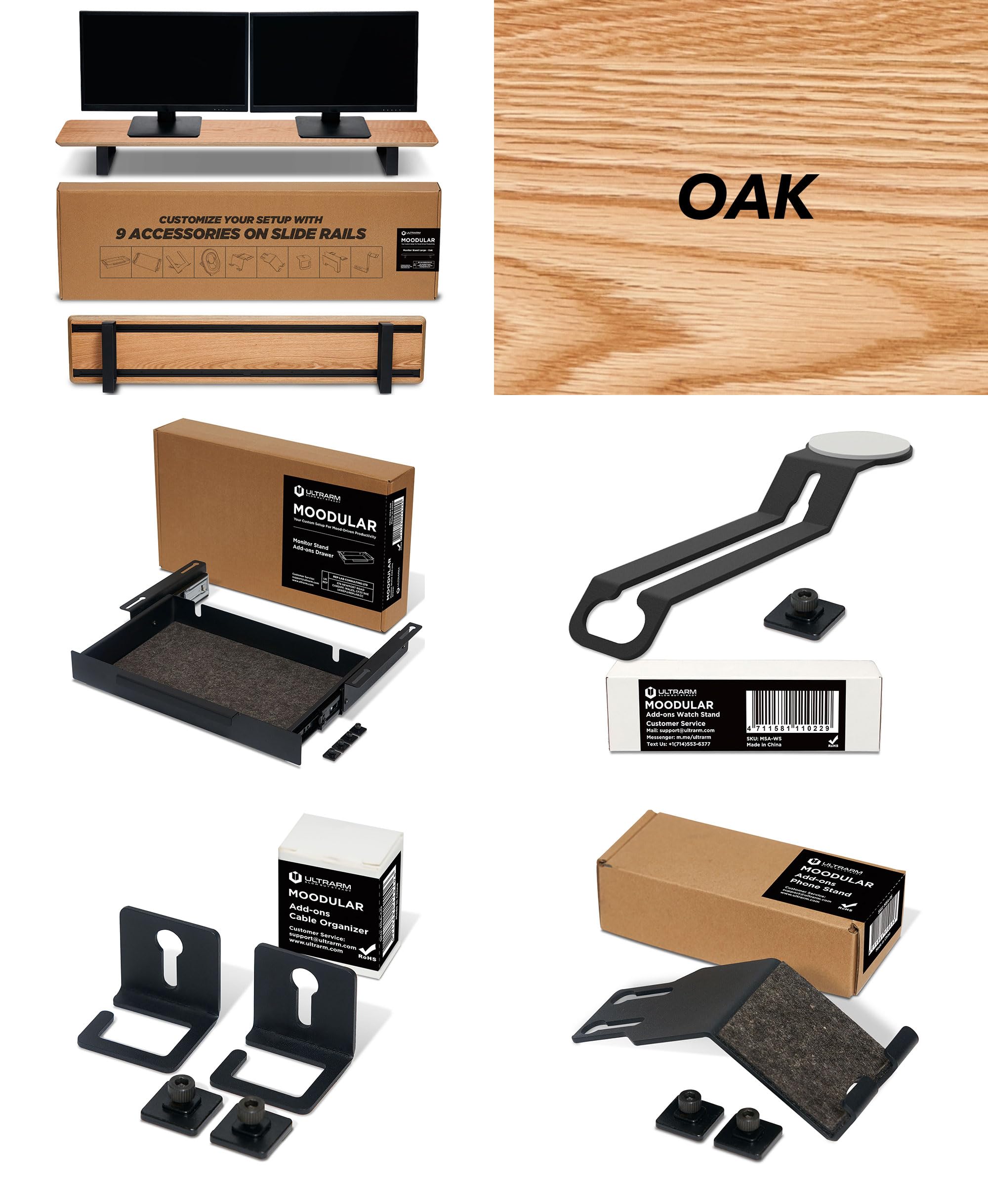 ULTRARM Moodular Wooden Monitor Stand Oak with Add-on Accessories Storage Drawer, Watch Stand, Cable Organizer, Phone Stand
