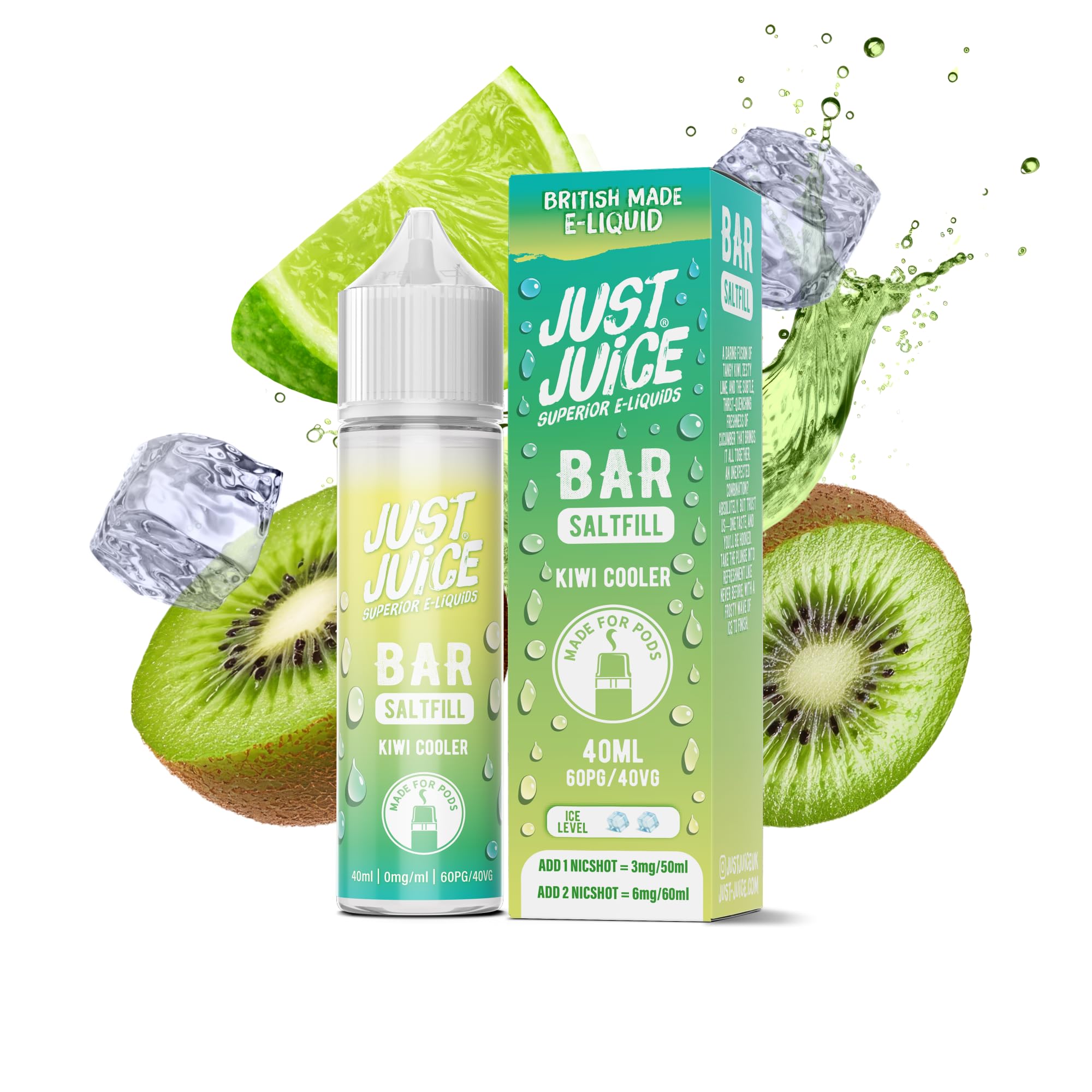 Just Juice Superior E-Liquids Bar Saltfill Vape Liquid - Kiwi Cooler Flavour - 60ml Bottle with 40ml of Super Concentrated Juice, 60/40 0mg e-Liquid