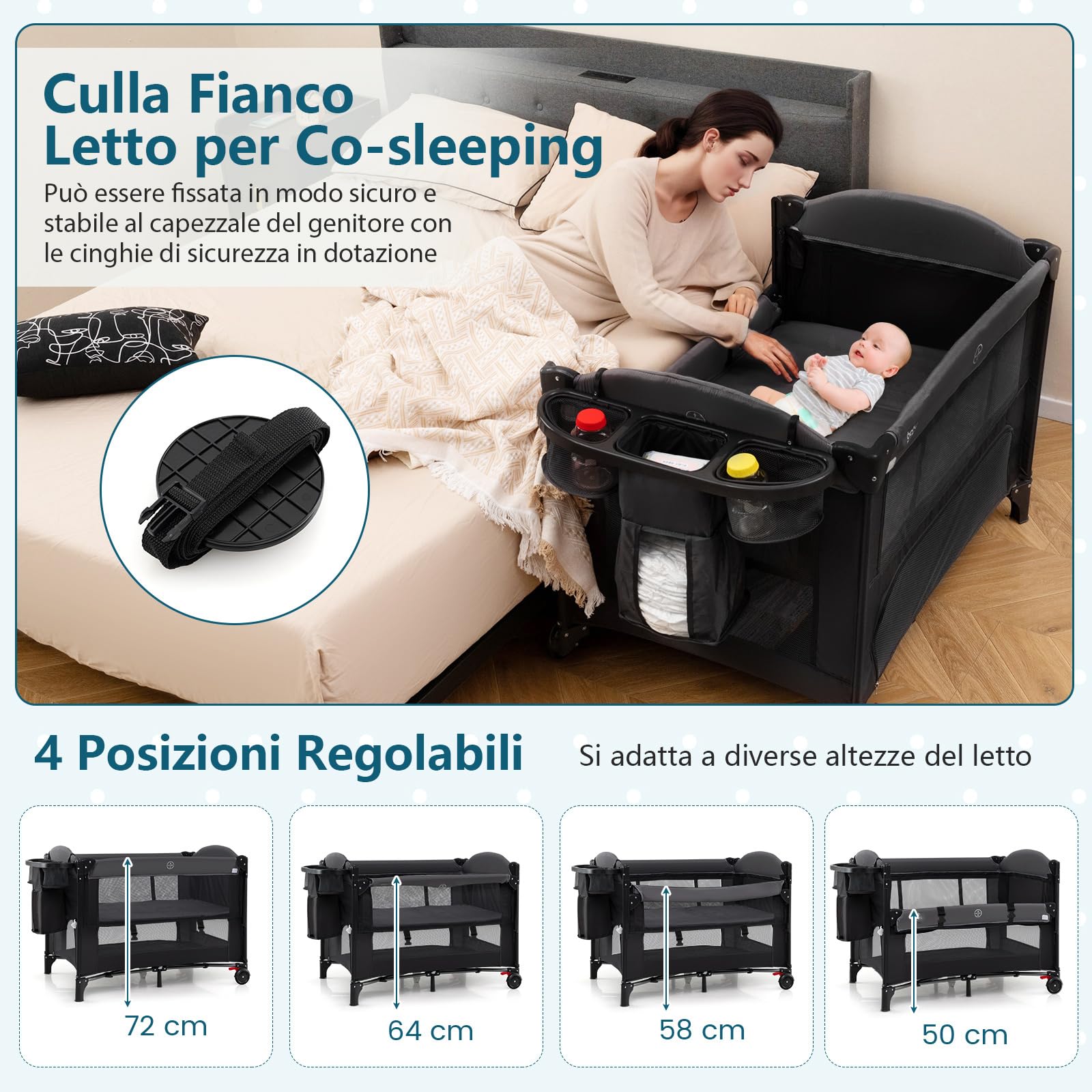 RELAX4LIFE 4 in 1 Lettino Neonato con Baldacchino Retrattile, Culla da Campeggio con Fasciatoio e Cintura di Fissaggio, Altezza Regolabile in 4 Livelli, Adatto a Bambini da 0 a 36 Mesi