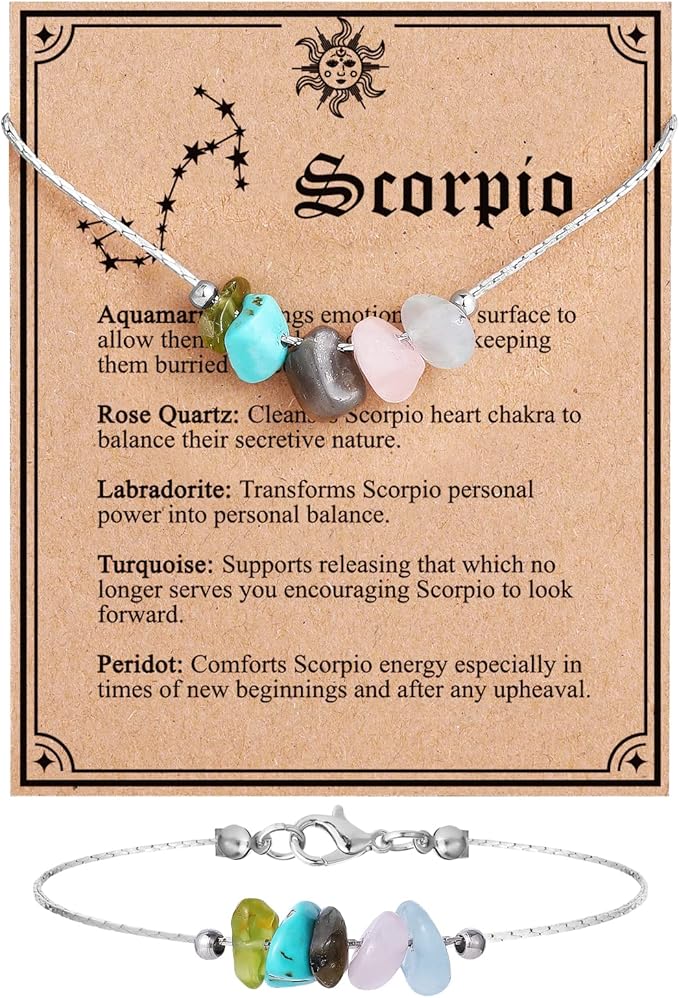 MJartoria Natural Stone Zodiac Sign Choker Necklace and Bracelet for Women Horoscope Healing Stone Astrology Jewelry Birthday Gifts (Silver, Scorpio)