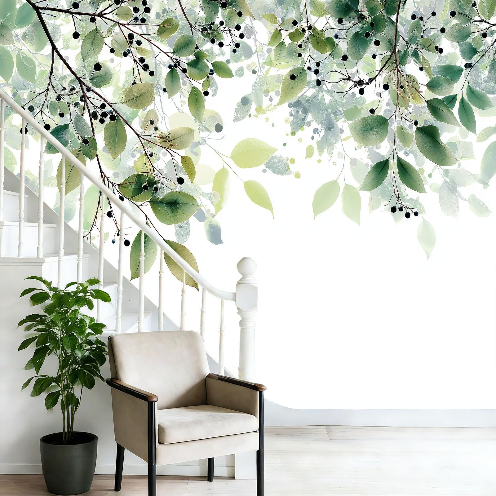 Générique Carta da parati Panoramica Pianta Foglia Bacche 250 x 175 cm - Rivestimento murale per camera da letto, soggiorno, camera dei bambini, cucina, ufficio, design minimalista elegante da parete