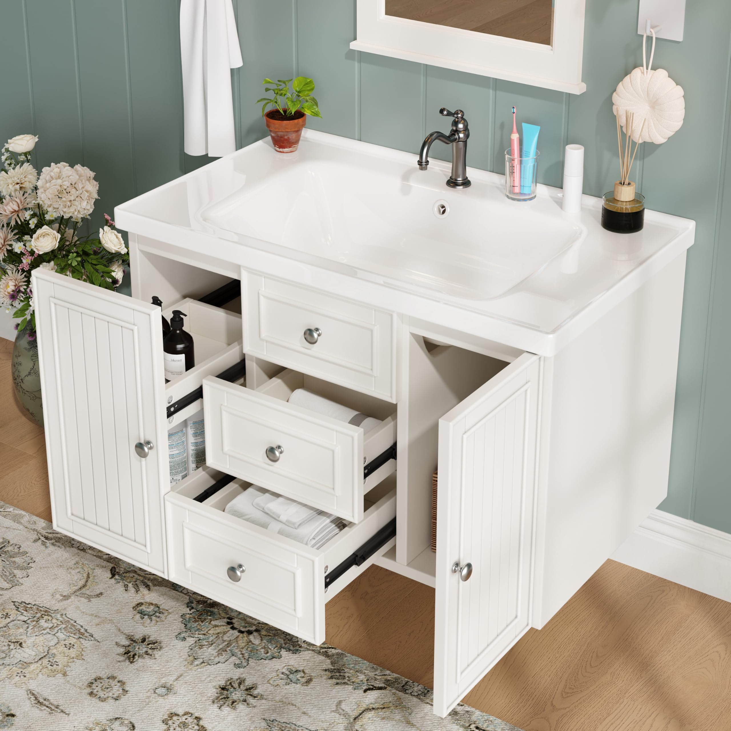 Merax Mueble bajo lavabo, armario bajo, mueble de baño, armario bajo lavabo con 4 cajones y 1 puerta, lavabo colgante, estilo moderno, conjunto de muebles de baño, con lavabo, color blanco