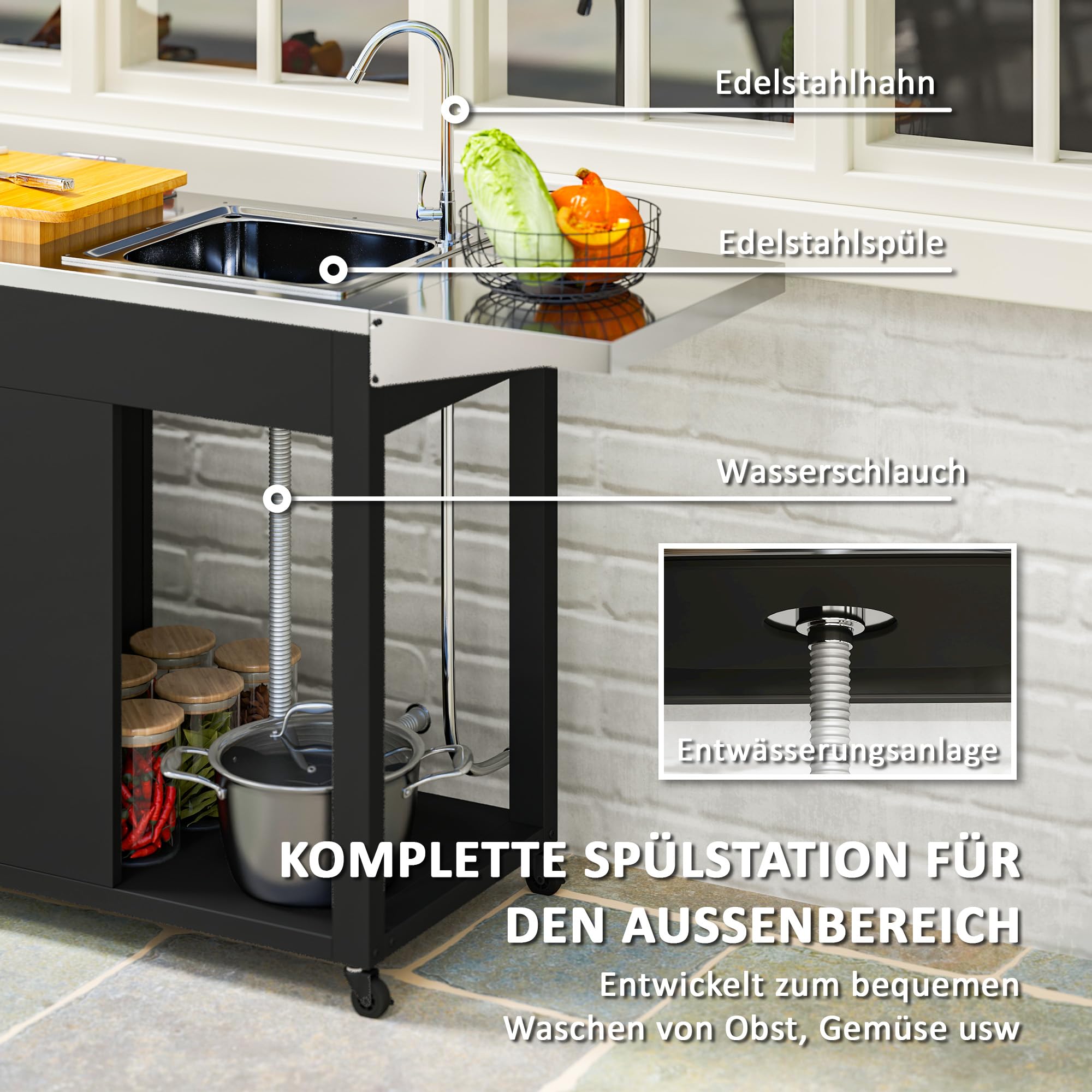 Outsunny Grillwagen Servierwagen mit Arbeitsfläche Seitenblatt Schrank Spüle Räder, BBQ Grilltisch aus Edelstahl, Outdoor Grill Beistelltisch für Garten, Terrasse, Grill 162,5 x 47 x 87cm Schwarz
