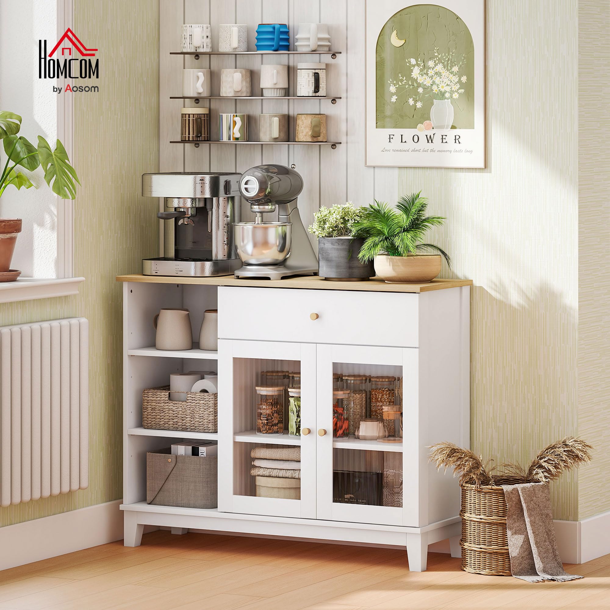 HOMCOM Aparador para Salón Moderno 2 Puertas Vidrio 100x35x80,3 cm Blanco | Vidrio Estriado, Cajón, Compartimentos Abiertos, Estantes Regulables, Aparador para Comedor y Entrada